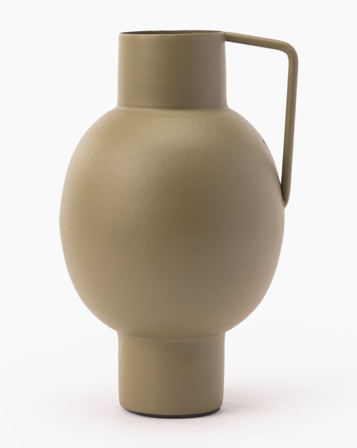 The Tenya Metal Vase is round with a wide body, cylindrical neck and base, plus a flat, angular handle attached at the top and side. It features a subtle matte beige cream finish.