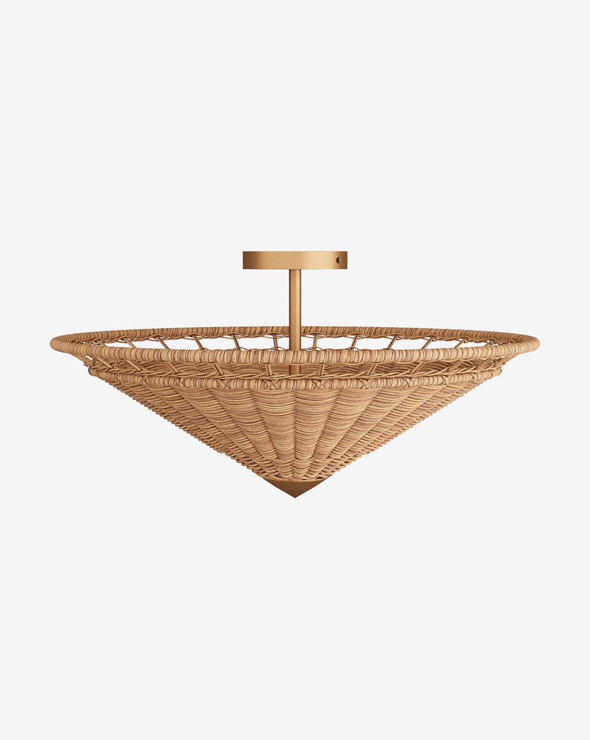 The Terrance Flush Mount features a modern design with a cone-shaped woven natural rattan shade and a gold metal mount, shown against a white background, by McGee & Co.
