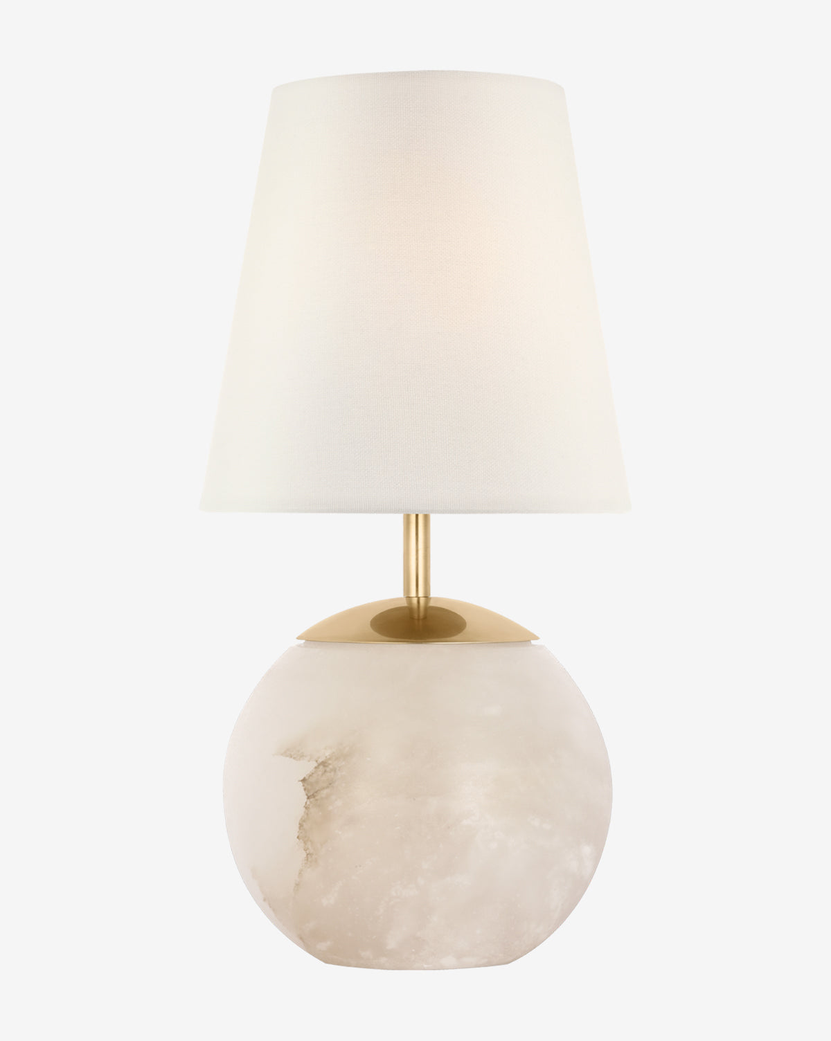 The Terri 12 Cordless Accent Lamp by Visual Comfort & Co. Signature features a round white marble base, gold top accent, and a simple white fabric shade. Its minimalist design brings elegant style to any space—a timeless piece available at McGee & Co.