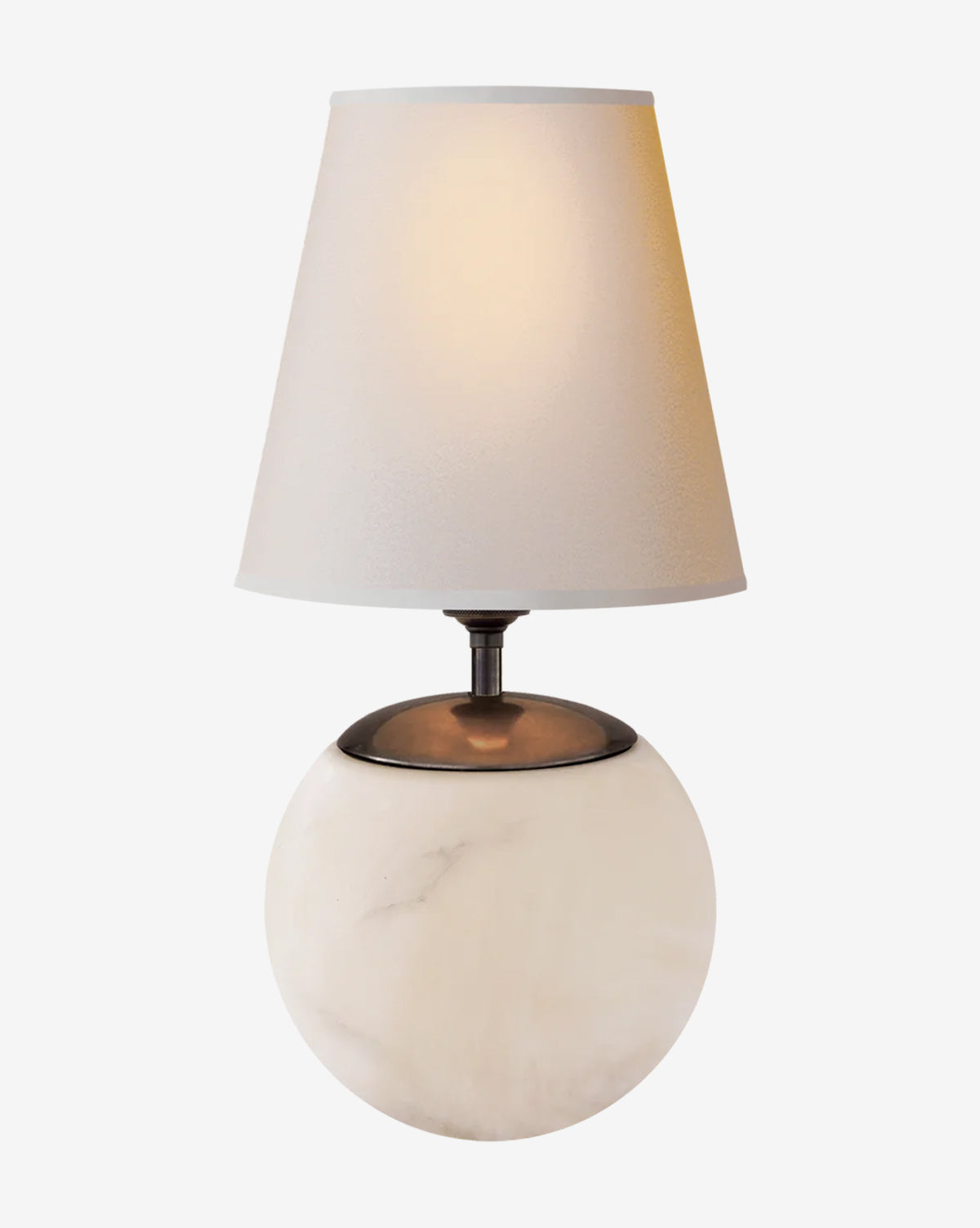 The Terri Round Table Lamp features a round white marble base and a simple light beige lampshade, creating a modern look and casting a soft, inviting glow, by McGee & Co.