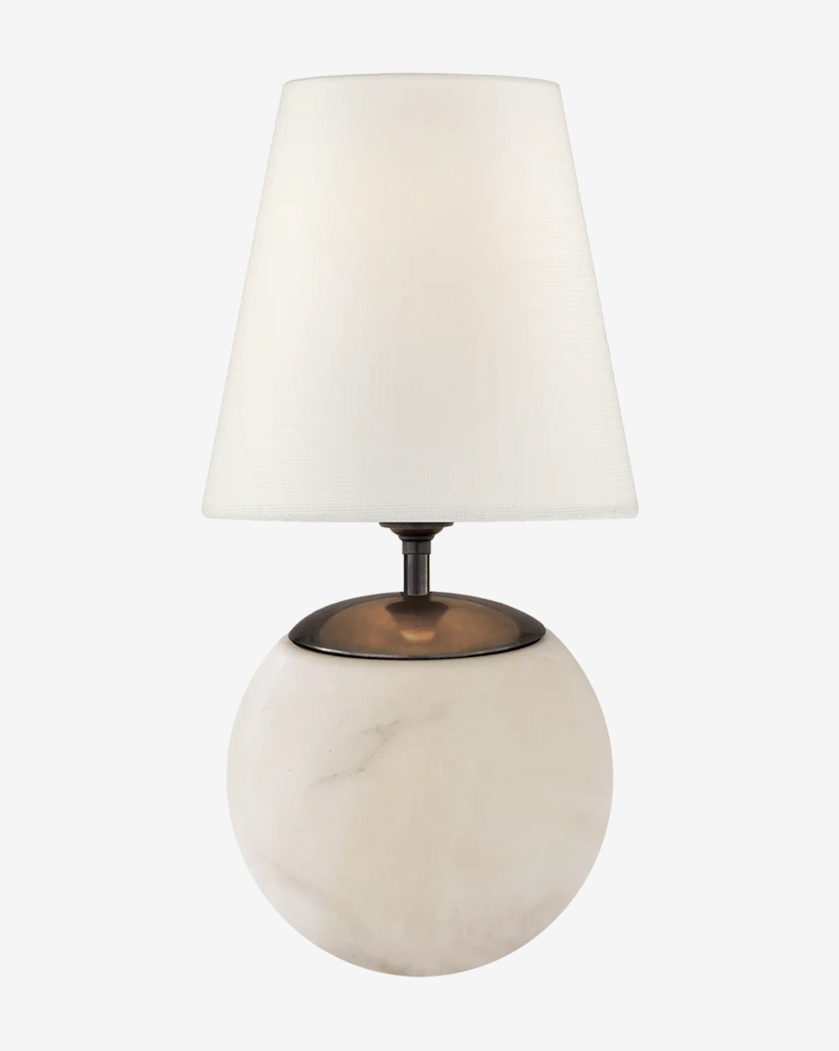 The Terri Round Table Lamp features a modern design with a round alabaster stone base and a white, tapered fabric shade, shown against a plain background, by McGee & Co.