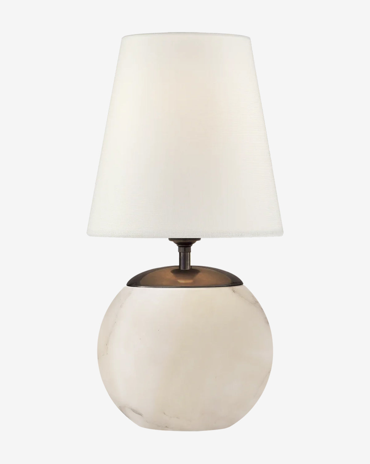 The Terri Round Table Lamp features a round alabaster stone base and a white cone-shaped lampshade, displayed against a plain background, by McGee & Co.