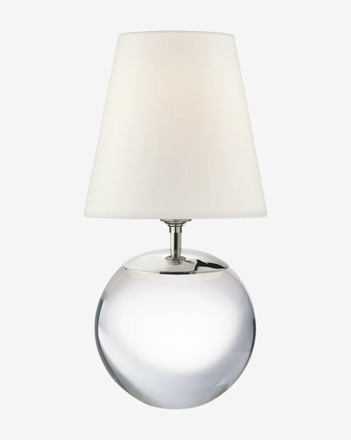 The Terri Round Table Lamp features a reflective glass base and a white conical fabric shade, shown against a plain light background, by McGee & Co.