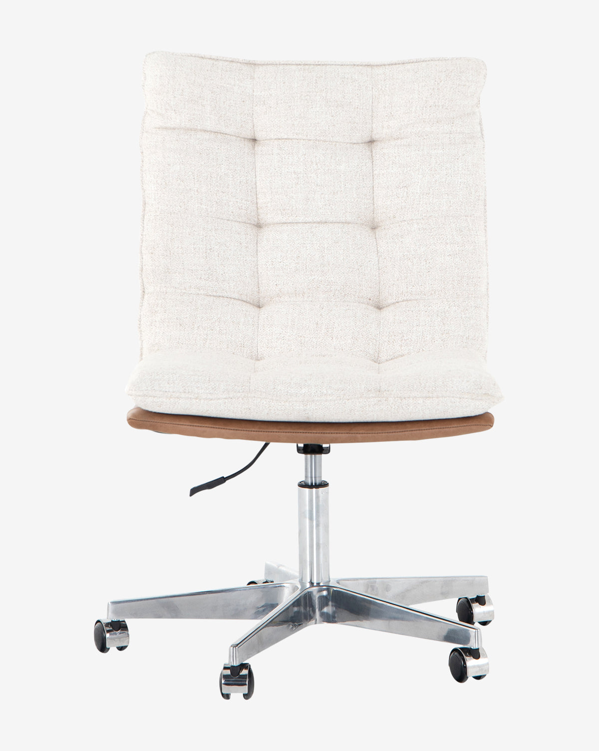 The Terry Desk Chair features a padded, tufted cream fabric seat and backrest, a wooden seat base, and a metal swivel base with five caster wheels—an office essential for any workspace, by McGee & Co.