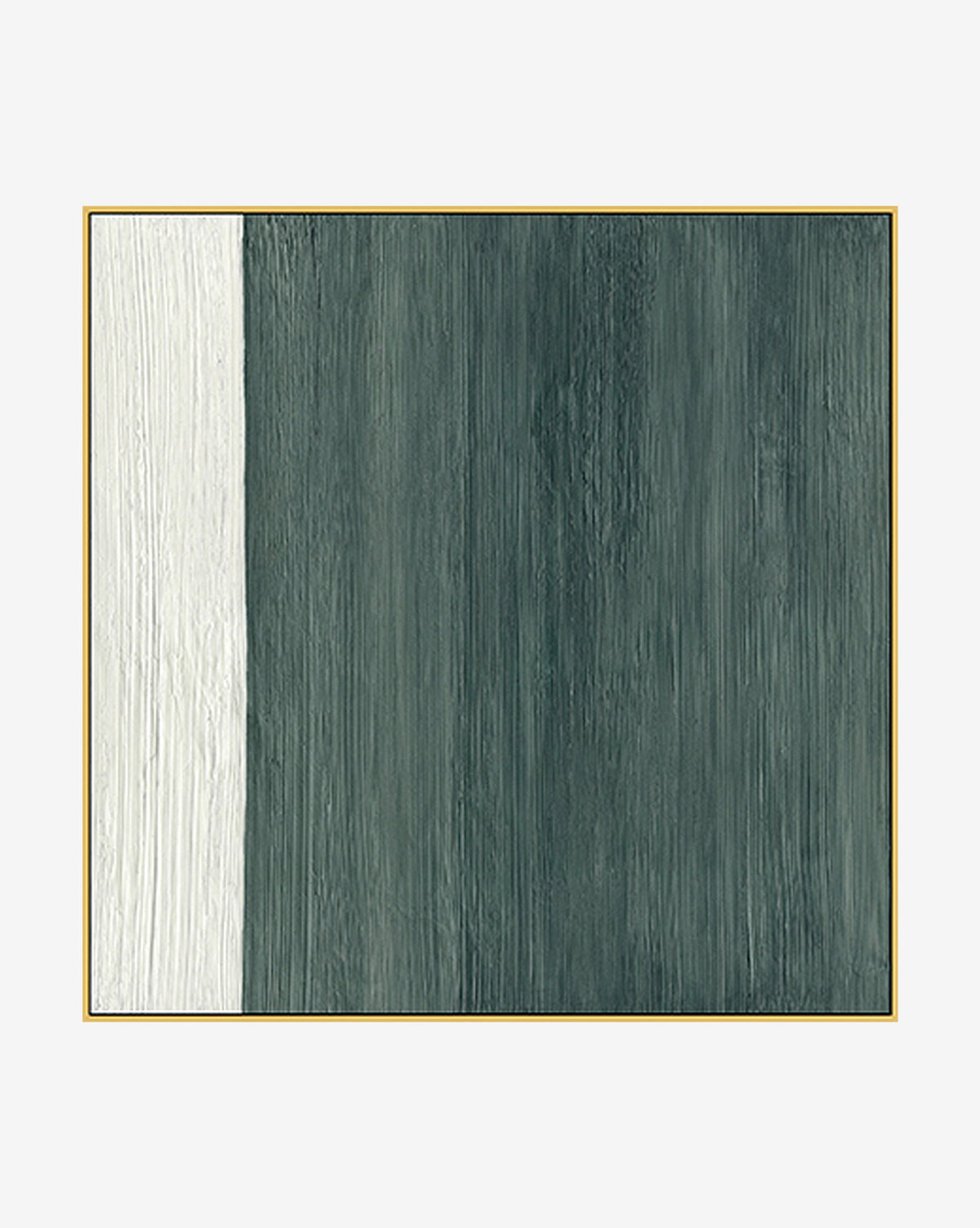 Textured Turquoise is a refined square abstract painting with a vertical white artist-enhanced texture on the left, a larger textured blue-gray area, and is framed by a thin gold border.