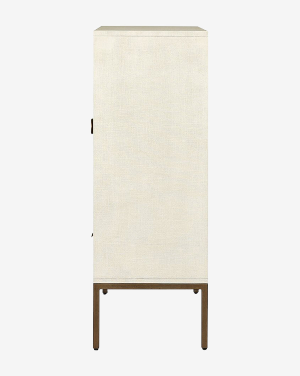 The Thaddeus Cabinet is a tall, rectangular storage piece with a textured off-white front door, slim left-side vertical handle, and four wooden legs—ideal for added storage with modern classic style, by McGee & Co.