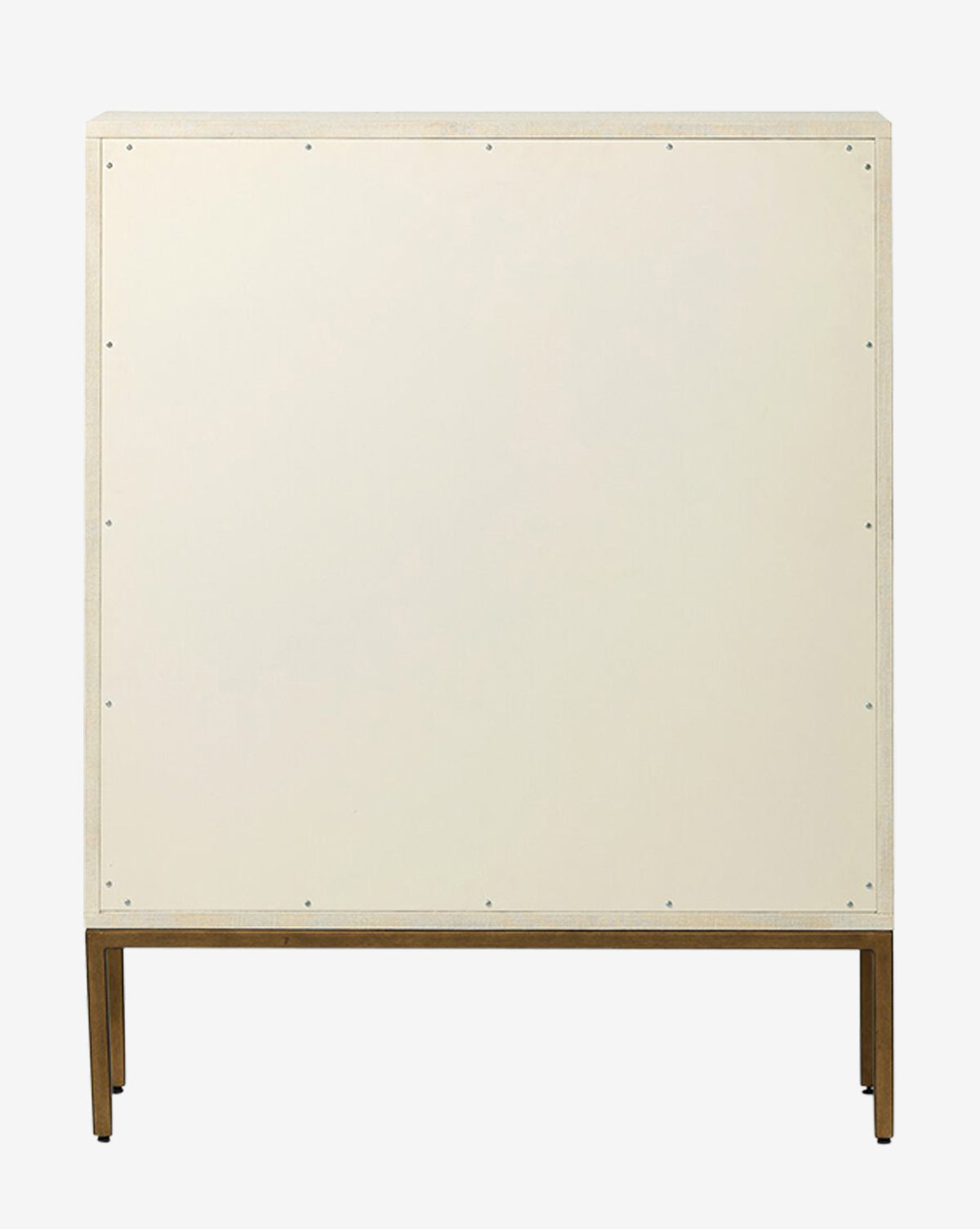 The Thaddeus Cabinet showcases a minimalist cream front, slim edge, and four wooden legs. Its modern classic style provides extra storage and a sleek look, highlighted by small, evenly spaced screw accents, by McGee & Co.