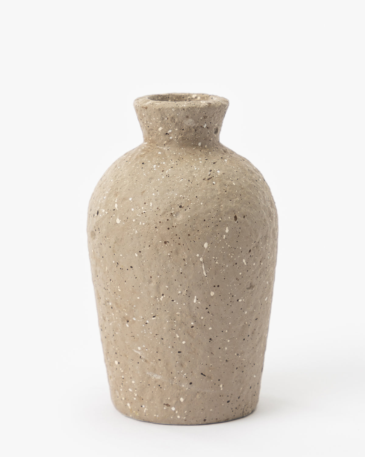 The Thalia Bud Vases (Set of 3) feature a beige, textured ceramic design with wide bodies, narrow necks, and delicate speckled patterns that highlight their artisanal charm against a plain white background.