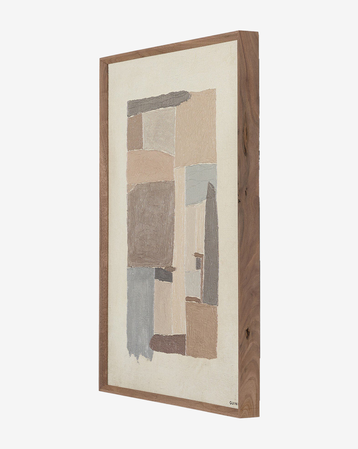 Side view of The Beauty Of Broken Vessels No. 1 by Tyler Guinn, an abstract wall art with geometric shapes in beige, brown, gray, and cream on a white background, framed in wood with a natural finish, by McGee & Co.