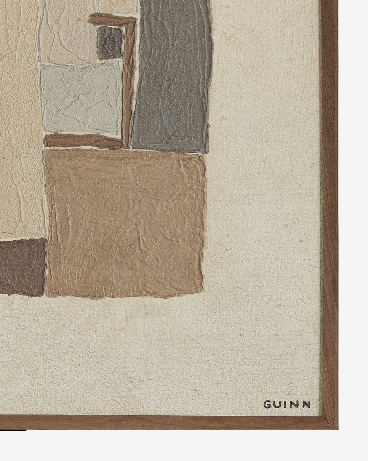 The Beauty Of Broken Vessels No. 1 by Tyler Guinn features textured abstract rectangles in beige, brown, cream, and gray on a neutral background with a rustic walnut frame and the artist’s signature in the bottom right corner, by McGee & Co.