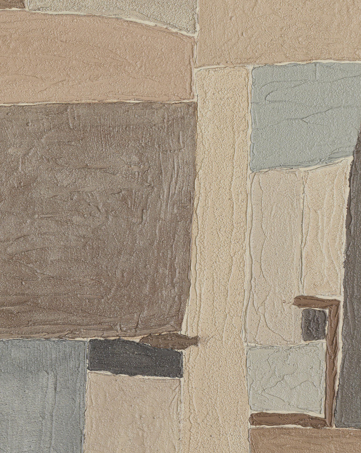 The Beauty Of Broken Vessels No. 1 by Tyler Guinn features textured, overlapping geometric shapes in beige, brown, gray, and cream—ideal for display in a rustic walnut frame, by McGee & Co.