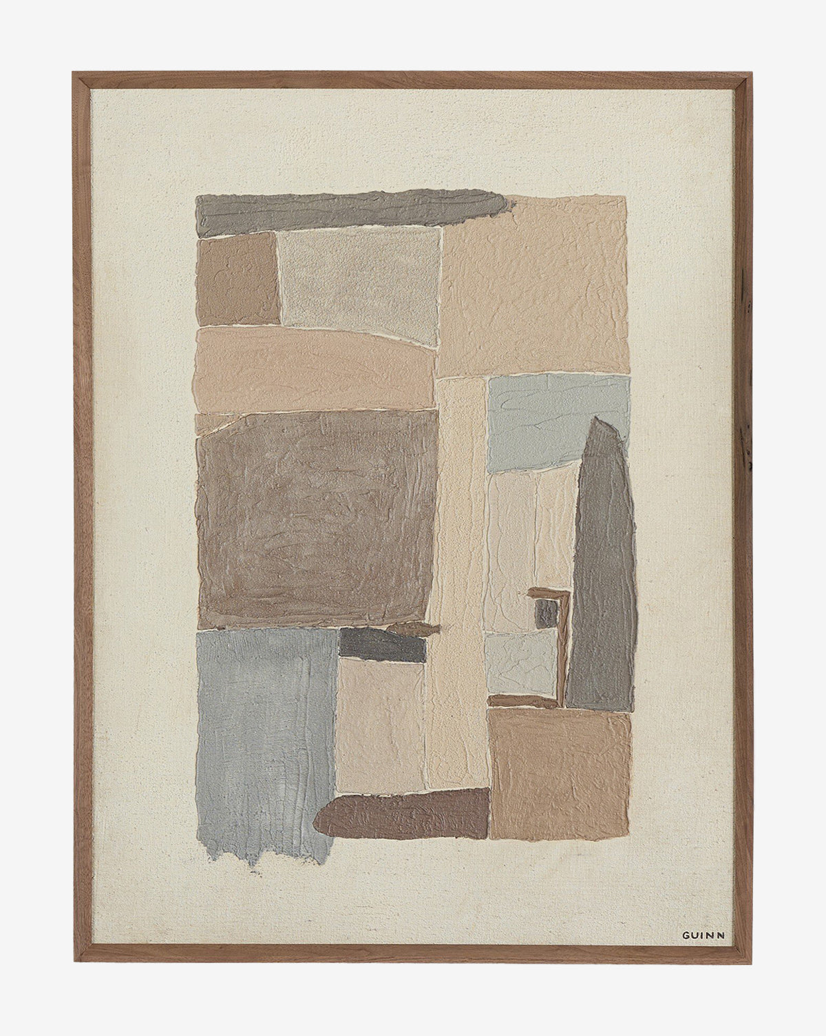 The Beauty Of Broken Vessels No. 1 by Tyler Guinn is a framed abstract canvas wall art featuring textured geometric shapes in beige, brown, gray, and cream, arranged in a balanced design and set in a rustic walnut frame, by McGee & Co.