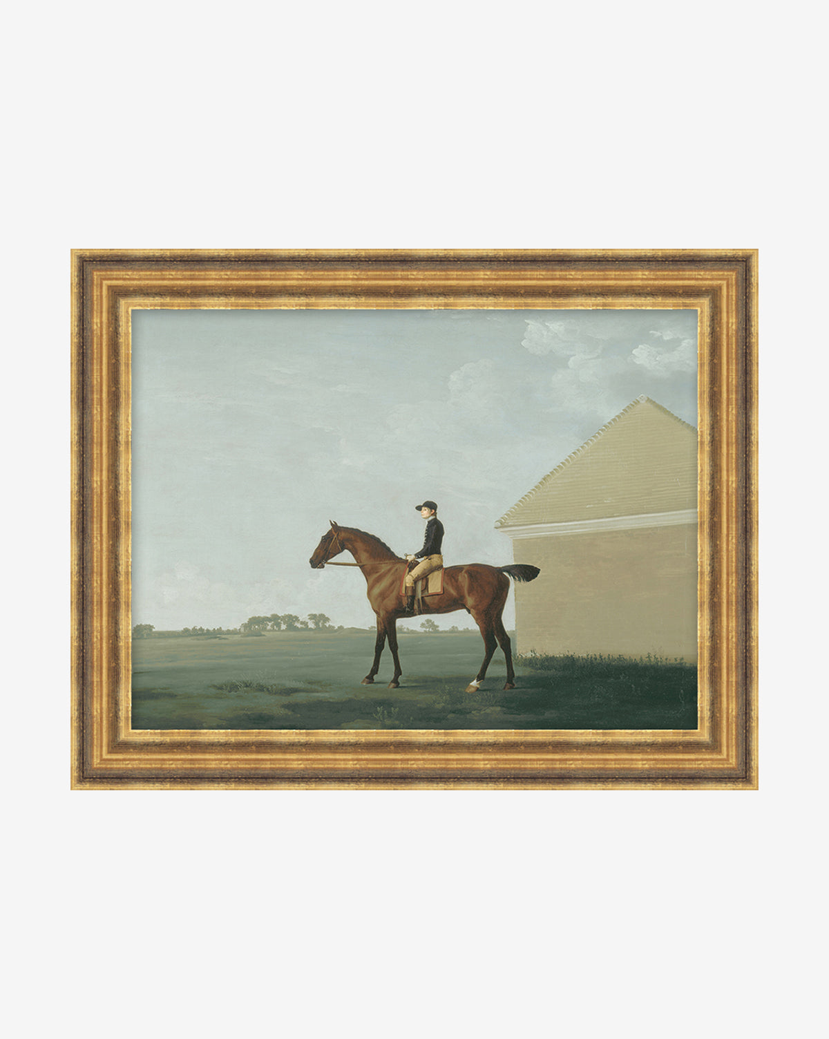 The Little Jockey framed art features a rider atop a brown horse in a grassy field, with a grand building and cloudy sky backdrop—ideal realistic wall decor for any room.