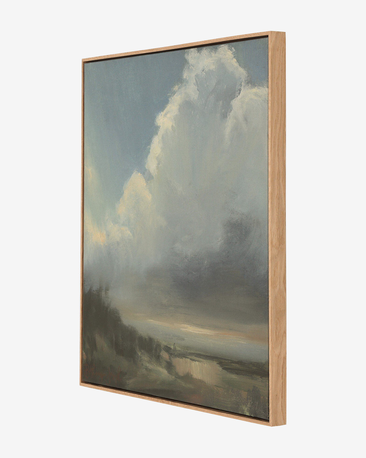 The Long Way Home by Bethany Joseph is a handmade, framed painting from Austin, featuring large billowing clouds over a hazy landscape in soft tones for a calm, atmospheric mood, by McGee & Co.