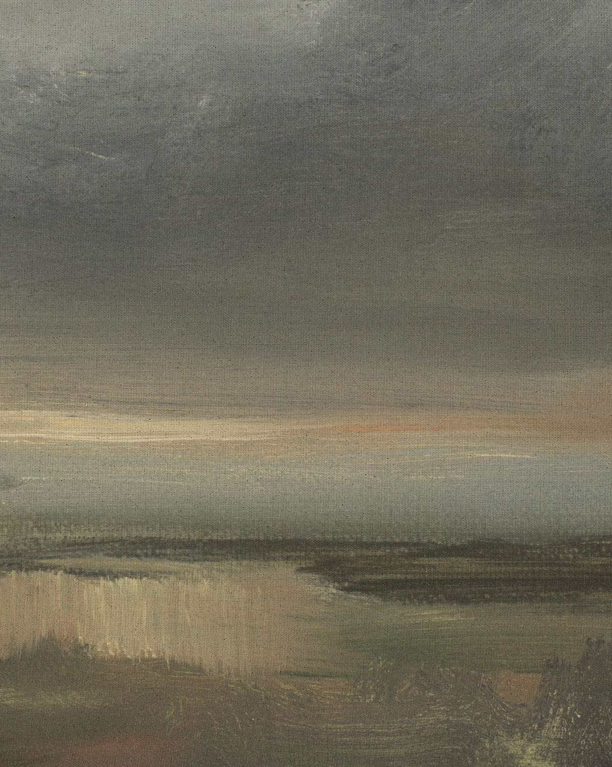 “The Long Way Home” by Bethany Joseph is a handmade landscape painting from Austin, depicting a cloudy gray sky, an orange horizon, and abstract green and brown land that creates a calm, somber mood, by McGee & Co.