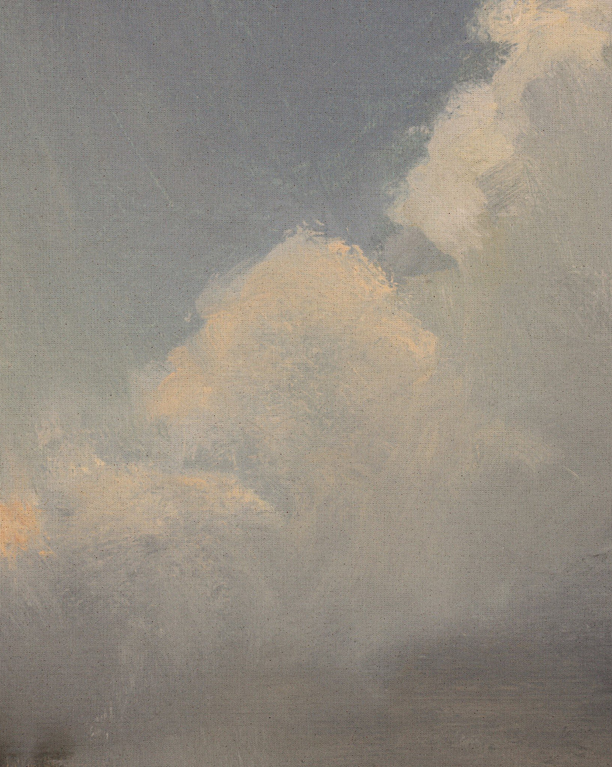 The Long Way Home by Bethany Joseph features a soft pastel sky with large, fluffy clouds in gentle whites, creams, and grays. Visible brushstrokes add dreamy texture to this serene handmade artwork from Austin, by McGee & Co.