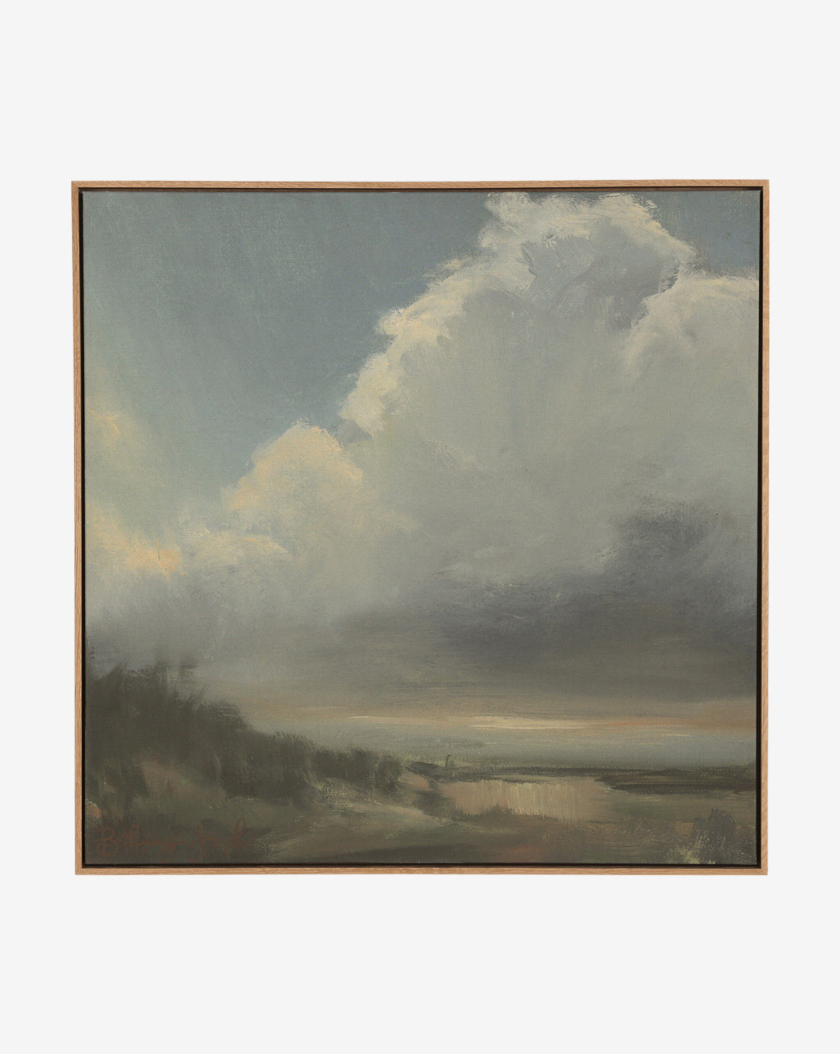 The Long Way Home by Bethany Joseph is a framed realist oil painting of a landscape, featuring dramatic clouds over a flat horizon in subtle blue, gray, and beige tones—handmade in Austin for a serene atmosphere, by McGee & Co.