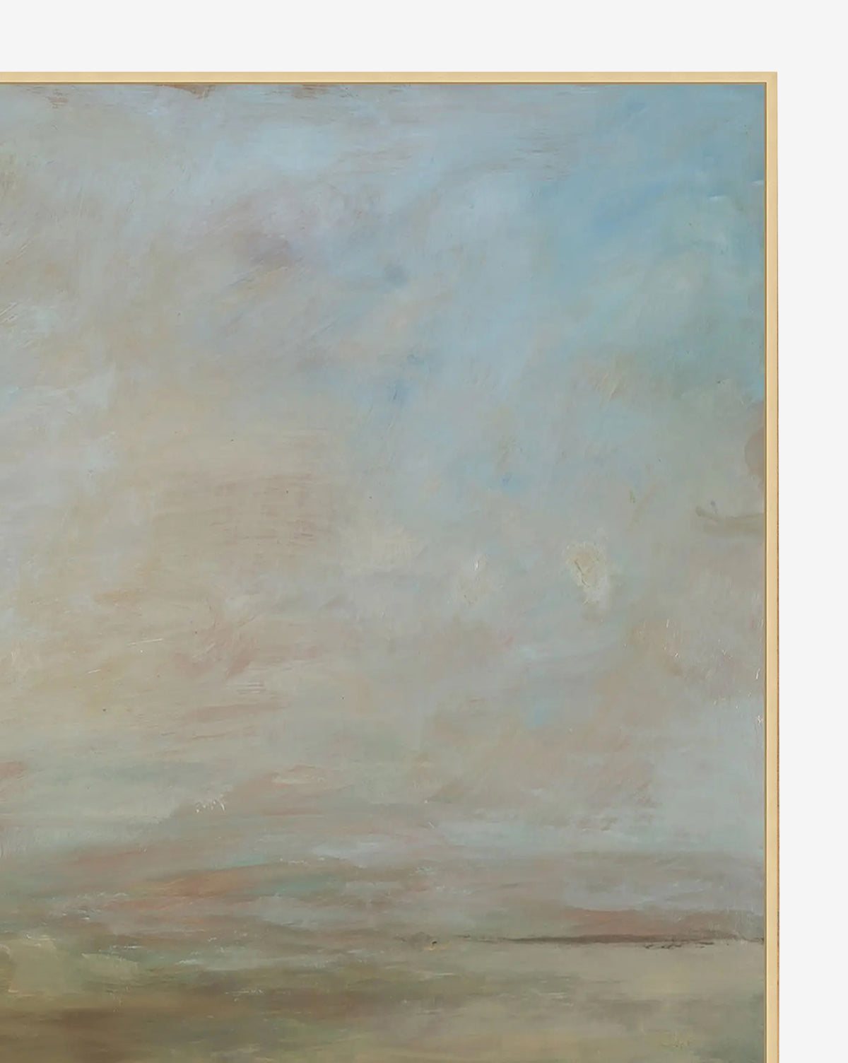The Meadow View III by Patricia Perron features abstract landscape wall art in muted blue, beige, and light brown tones. Smooth brushstrokes evoke a calm, hazy sky above the horizon in this tranquil giclee canvas by McGee & Co.