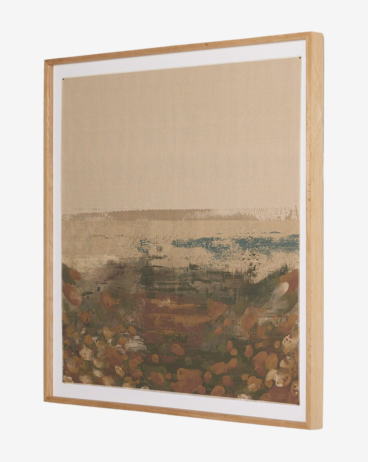 The Meadow by Coup dEsprit is a framed abstract painting with earthy brown, green, and blue brushstrokes forming a landscape on raw canvas, set against a light beige background in a light wooden frame by McGee & Co.
