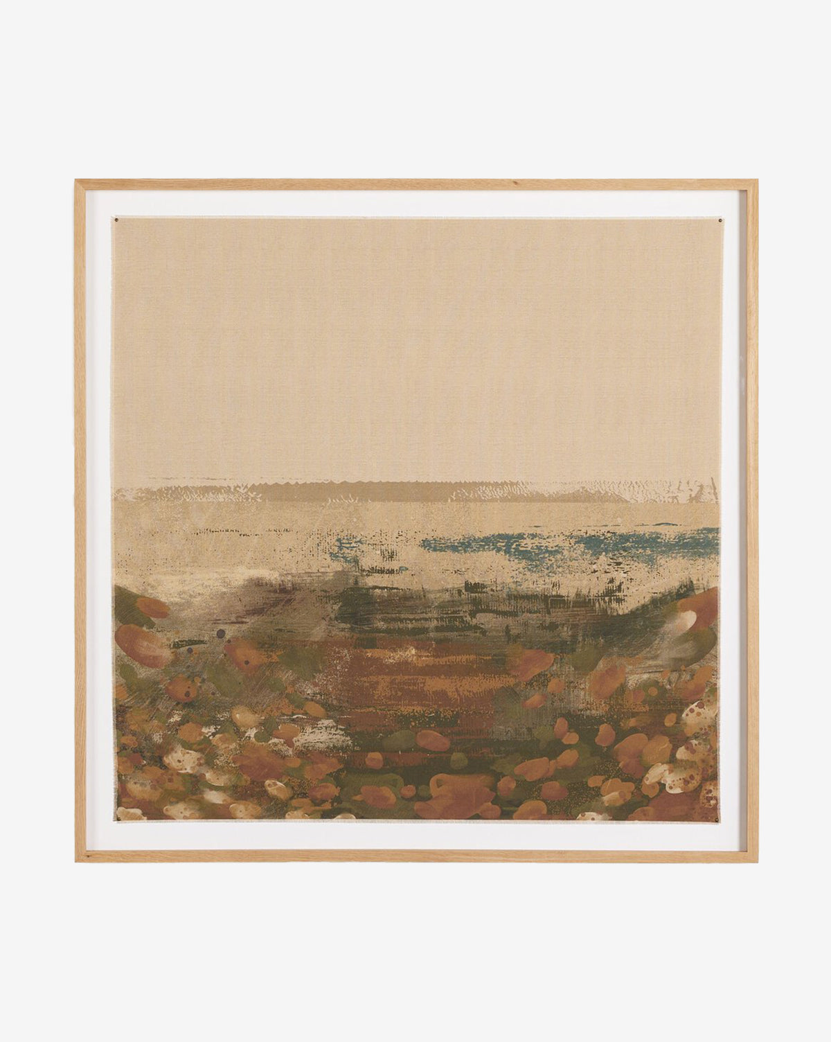 The Meadow by Coup dEsprit is an abstract landscape painting in earthy brown, green, and orange on raw canvas, suggesting a field or shoreline beneath a beige sky. Presented in a light wood frame, by McGee & Co.