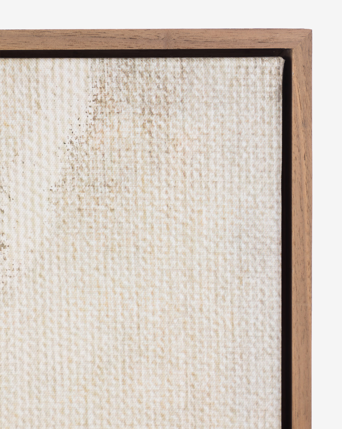Close-up of the corner of The Oath 2 by Shatha Al Dafai—a wooden-framed raw canvas featuring a textured, off-white surface with subtle beige and gray marks, creating understated neutral wall art.