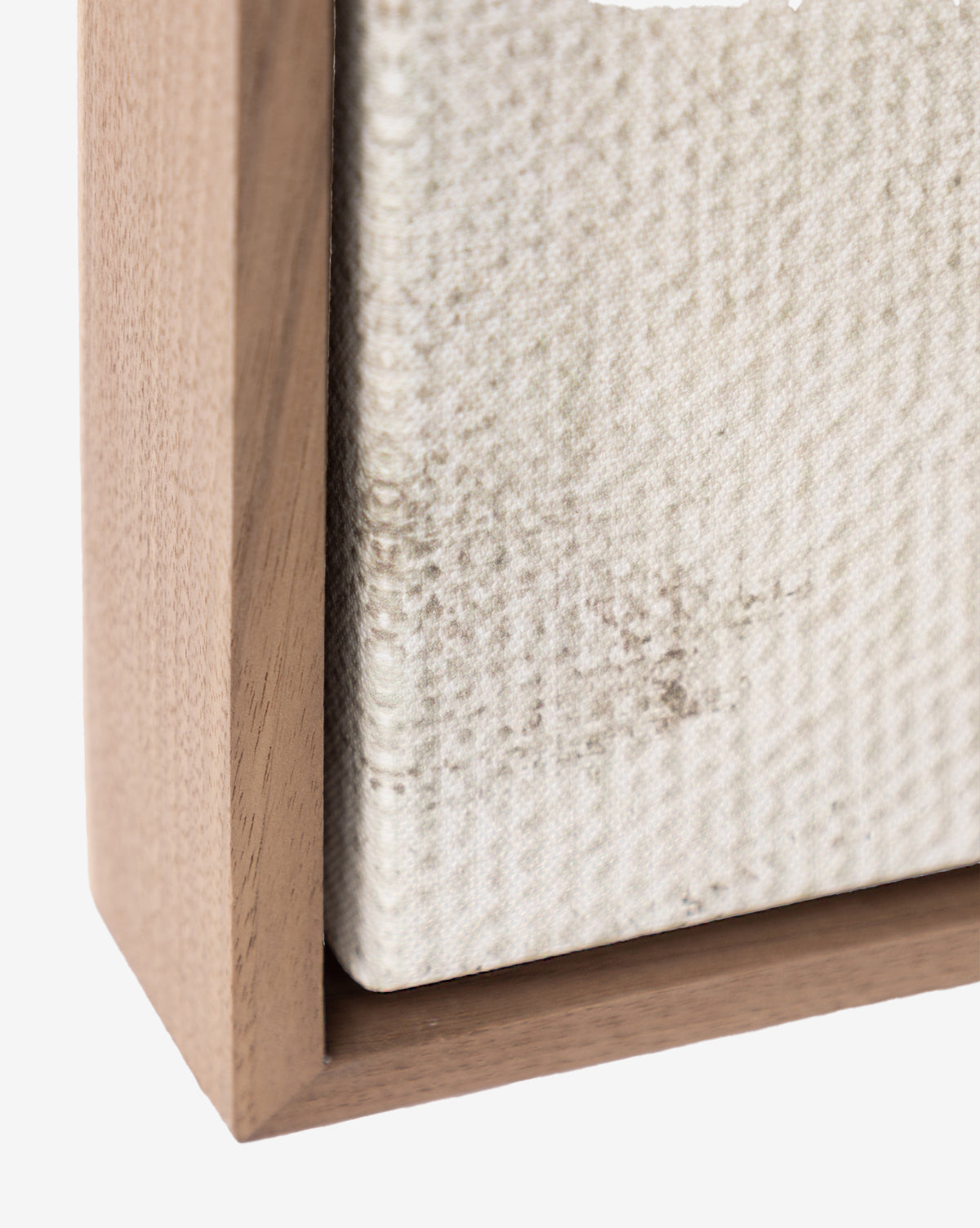 Close-up of the corner of The Oath 2 by Shatha Al Dafai—a wooden picture frame with stretched raw canvas in subtle beige and brown tones, perfect as neutral wall art.