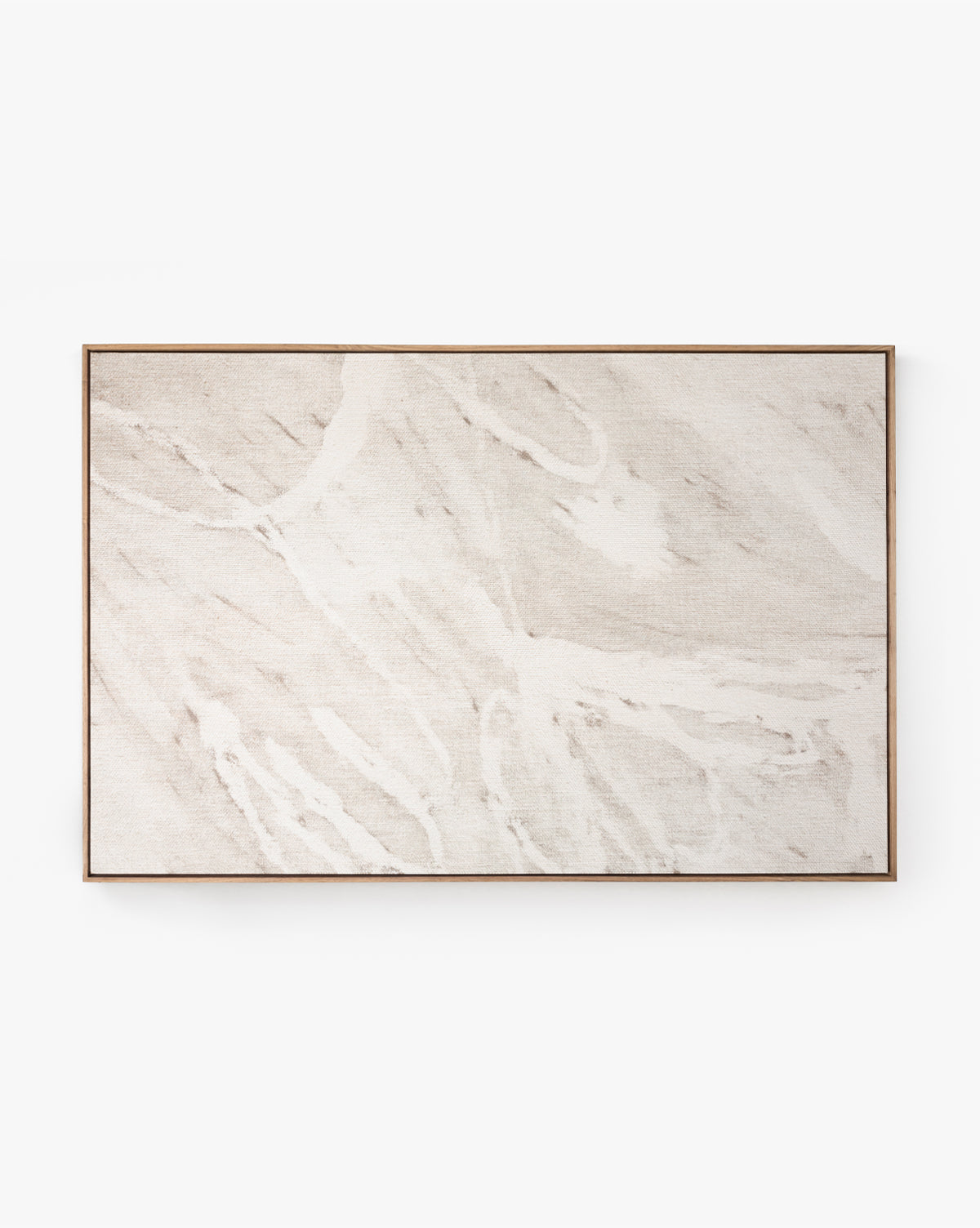 The Oath 2 by Shatha Al Dafai is a rectangular wall art featuring a white and beige abstract marble-like pattern, set within a thin wooden frame against a plain white background.