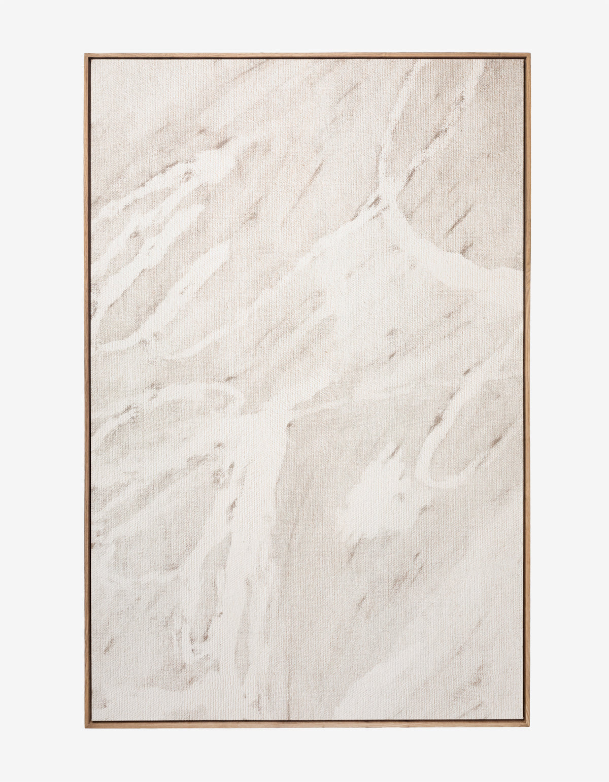 The Oath 2 by Shatha Al Dafai is a rectangular neutral wall art print with a light beige and white abstract marble-like pattern, displayed as a floated print in a slim wooden frame.