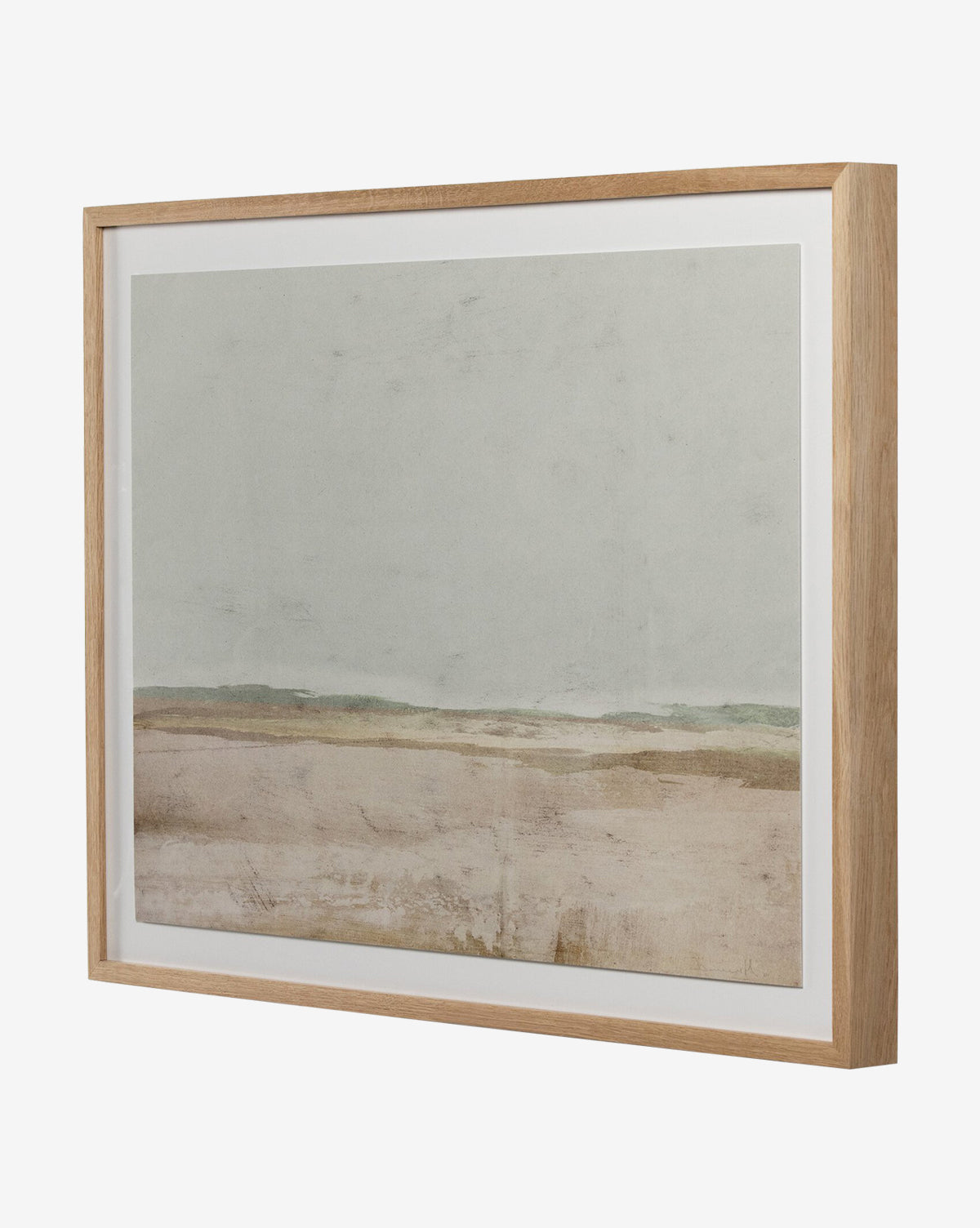 The Old Town by Dan Hobday is a framed minimalist landscape with neutral tones, hazy sky, and abstract earthy plain. Soft muted colors and a simple horizon line are enhanced by a white oak frame for striking dimensional wall art.