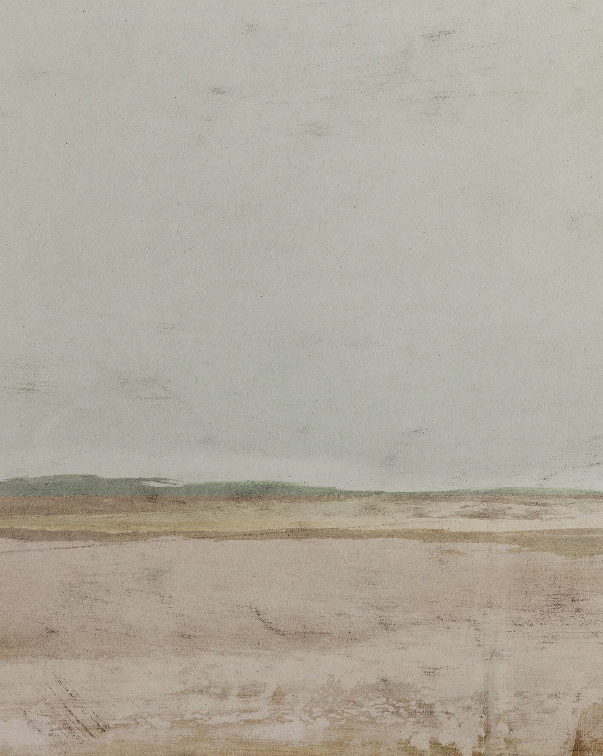 “The Old Town” by Dan Hobday is a minimalist landscape with muted beige and brown tones, a pale sky, and a faint horizon—elegantly finished in a white oak frame for a refined look.