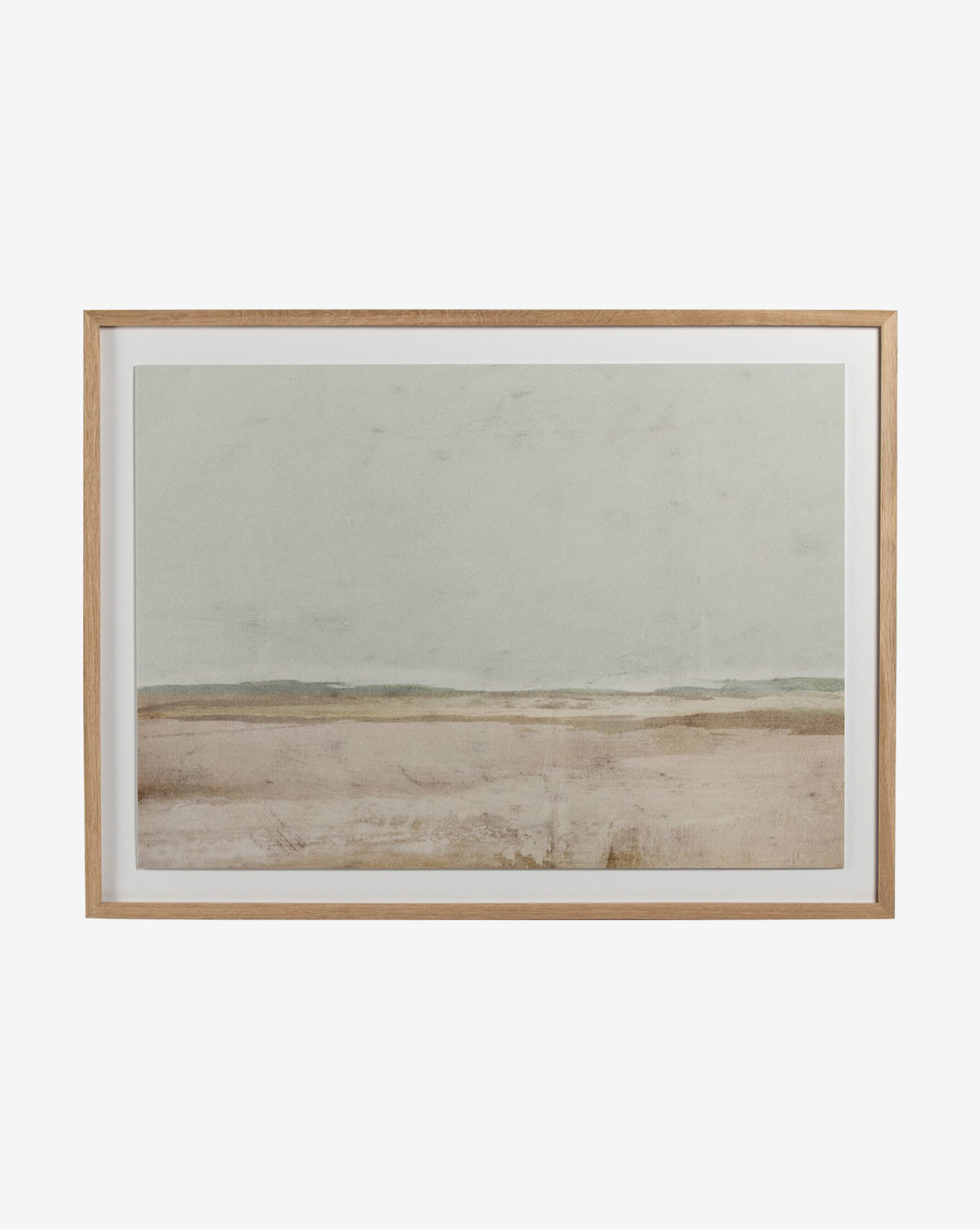 The Old Town by Dan Hobday is a minimalist landscape painting in soft neutral tones, featuring a serene horizon and muted brown field. This dimensional wall art comes framed in white oak and displayed against a white background.