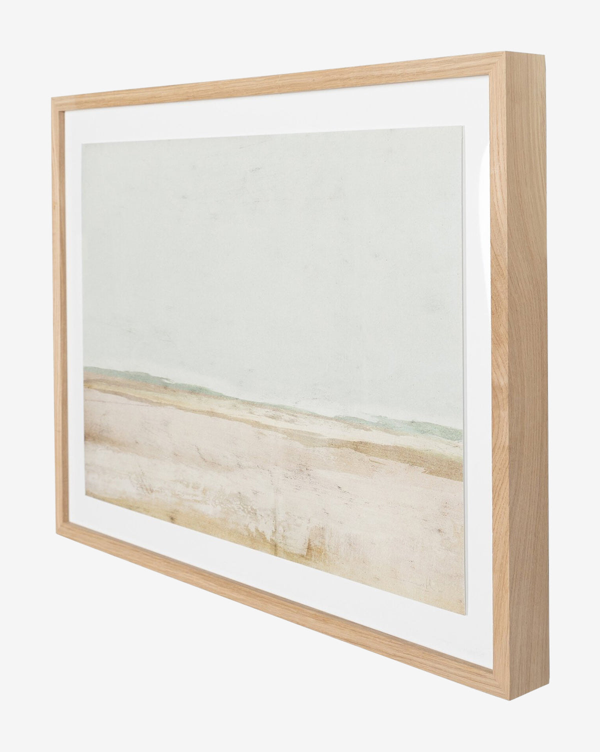 The Old Town by Dan Hobday is a framed minimalist landscape painting with soft, muted tones of a serene beach and pale blue sky in a sleek white oak frame—a stunning piece of dimensional wall art.