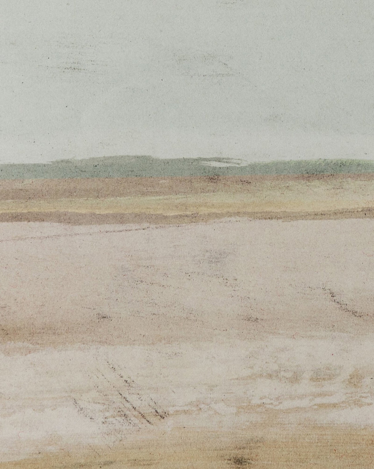 The Old Town by Dan Hobday features an abstract landscape in soft beige, brown, and green tones, evoking a tranquil plain under a pale sky. A white oak frame enhances its textured painterly effect for elegant wall art.