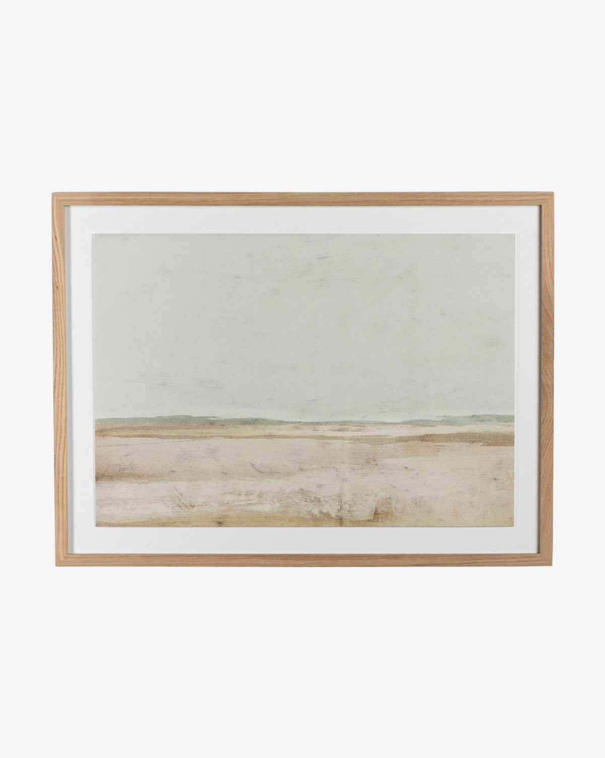 The Old Town by Dan Hobday: A framed minimalist beach scene with a pale sky, distant horizon, and muted earth tones in a sleek white oak frame.