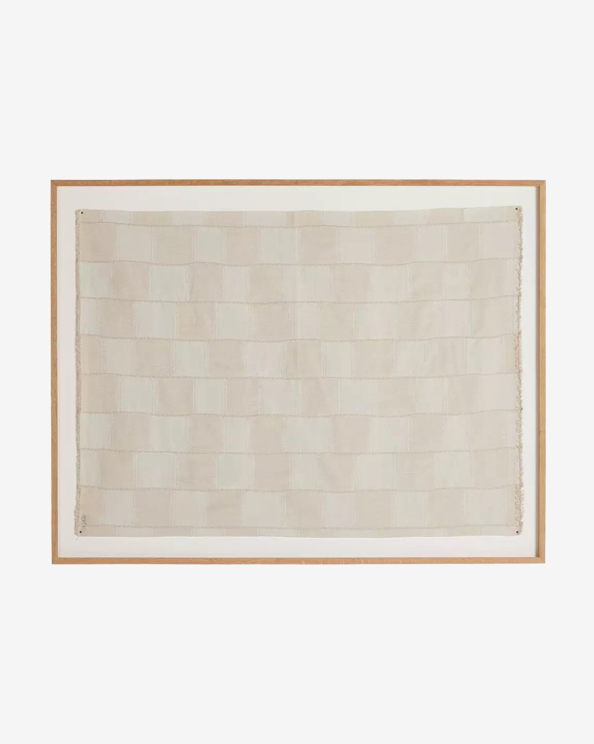 The Thomwell Woven Textile is a framed artwork showcasing light beige and off-white woven pieces in a grid pattern, offering a subtle, minimalist design against a white background.