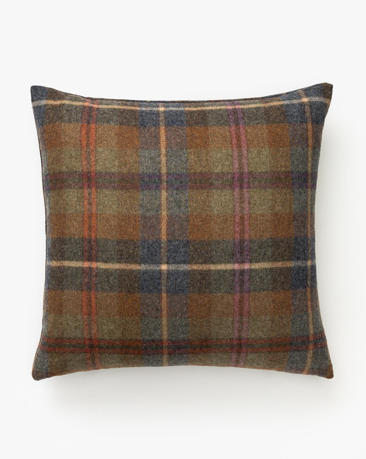 The Timpleton Pillow Cover features a rectangular shape with a plaid pattern in muted brown, green, blue, purple, and cream on white. Made from wool, it brings cozy charm and style to any space by McGee & Co.