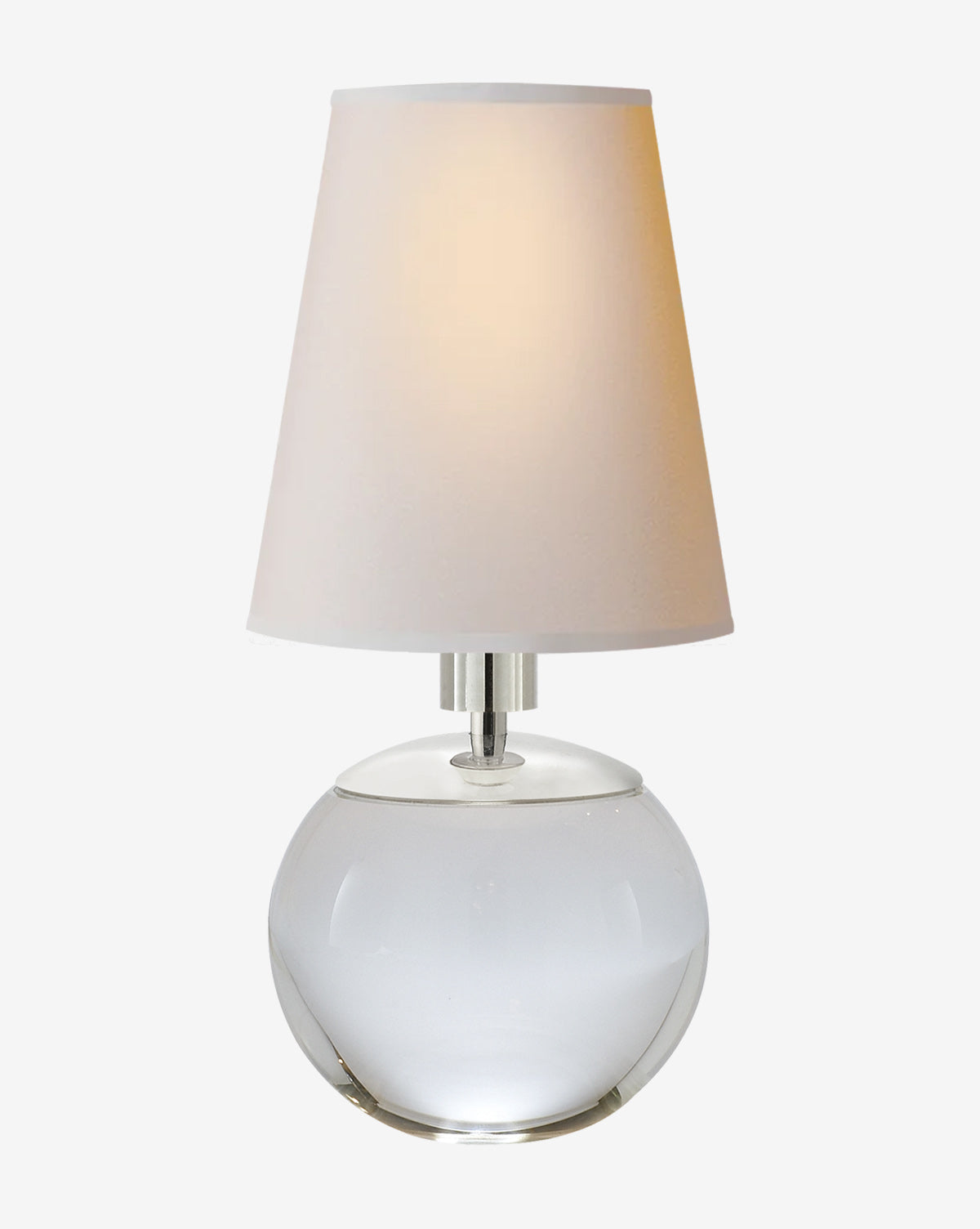 The Tiny Terri Accent Lamp features a round, clear glass base and a white natural paper shade, shown against a plain white background, by McGee & Co.