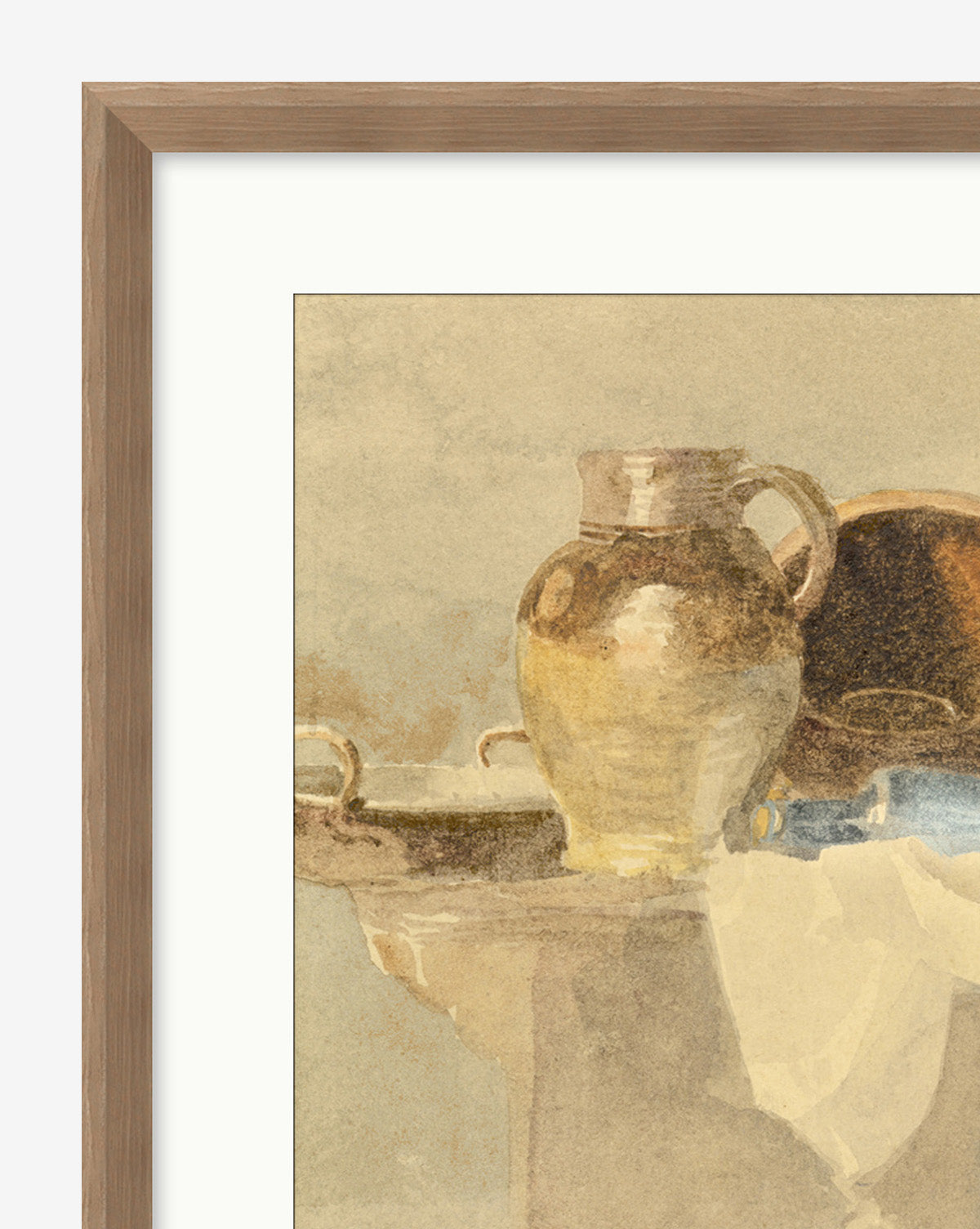 Tipped Vases is a framed painting of a still life with a brown ceramic jug and bowl, featuring muted beige and brown tones in a soft watercolor style—ideal as vintage wall art or an elegant giclee print for your space.