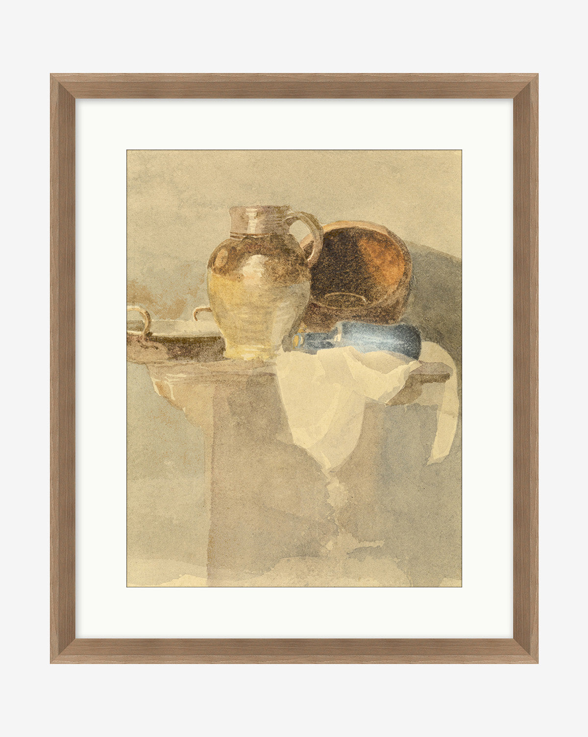 The Tipped Vases framed giclee print features a ceramic jug, vases, a blue accent, and a draped white cloth. Soft, muted colors evoke vintage charm and add calm to any space.