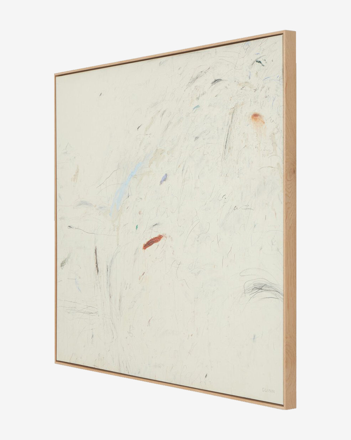 “To Show the Way” by Tyler Guinn is a framed abstract artwork featuring a mostly white background with delicate lines and subtle smudges in blue, red, and black, creating expressive brush strokes for a minimalist, airy look by McGee & Co.