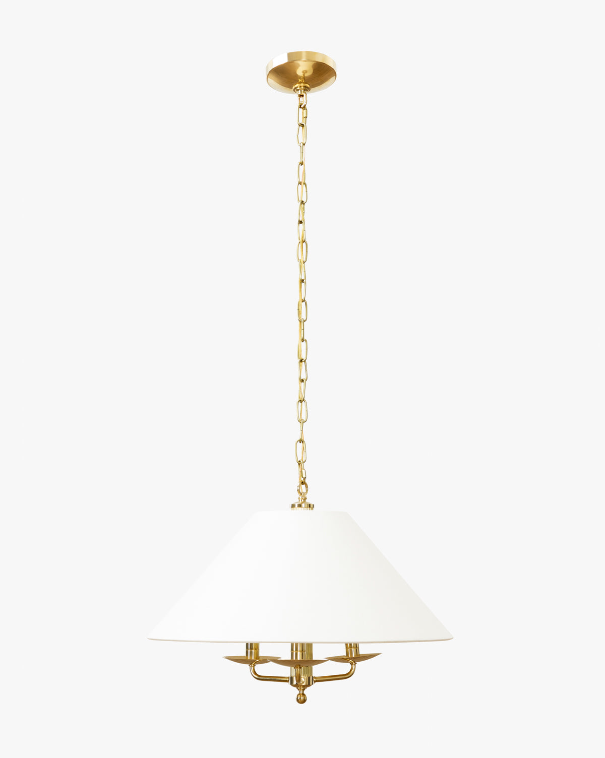 The Townes Pendant features a brass finish and a white linen shade, suspended by a gold chain against a plain white background, by McGee & Co.