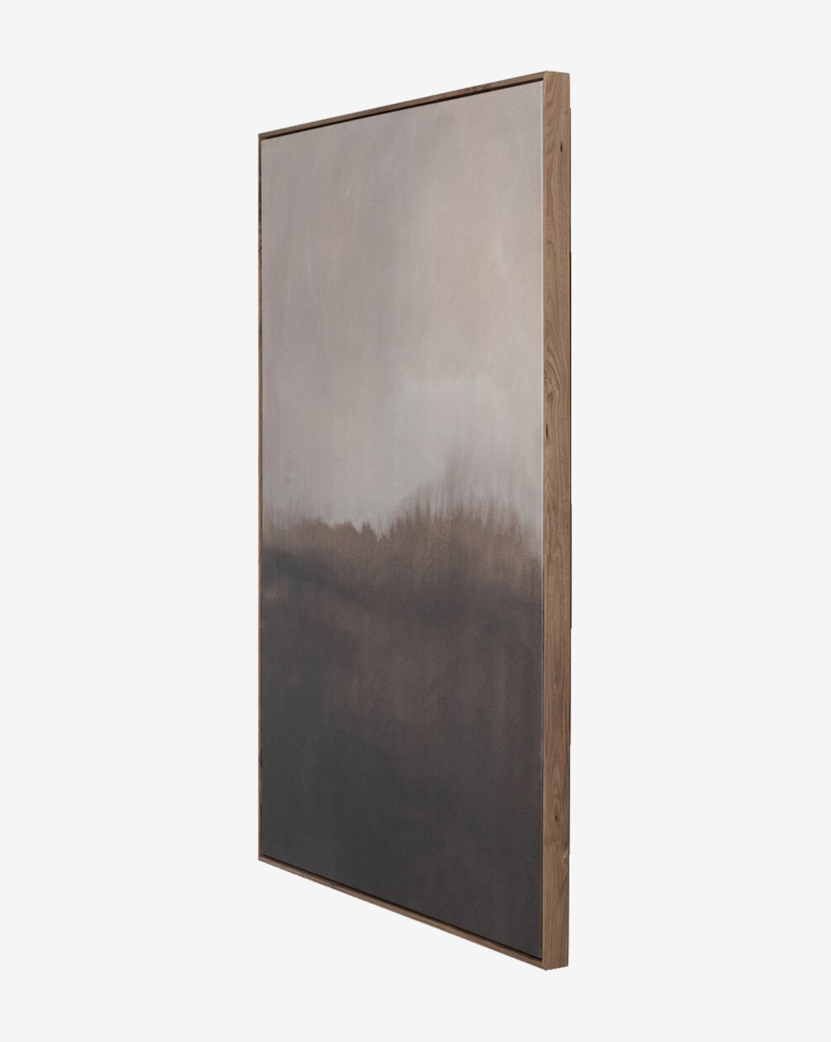 Transition by Jess Engle is a rectangular abstract painting with soft, muted brown, beige, and gray tones that evoke a misty landscape. Printed on premium matte canvas and framed in rustic walnut, it creates a minimalist, calming effect.