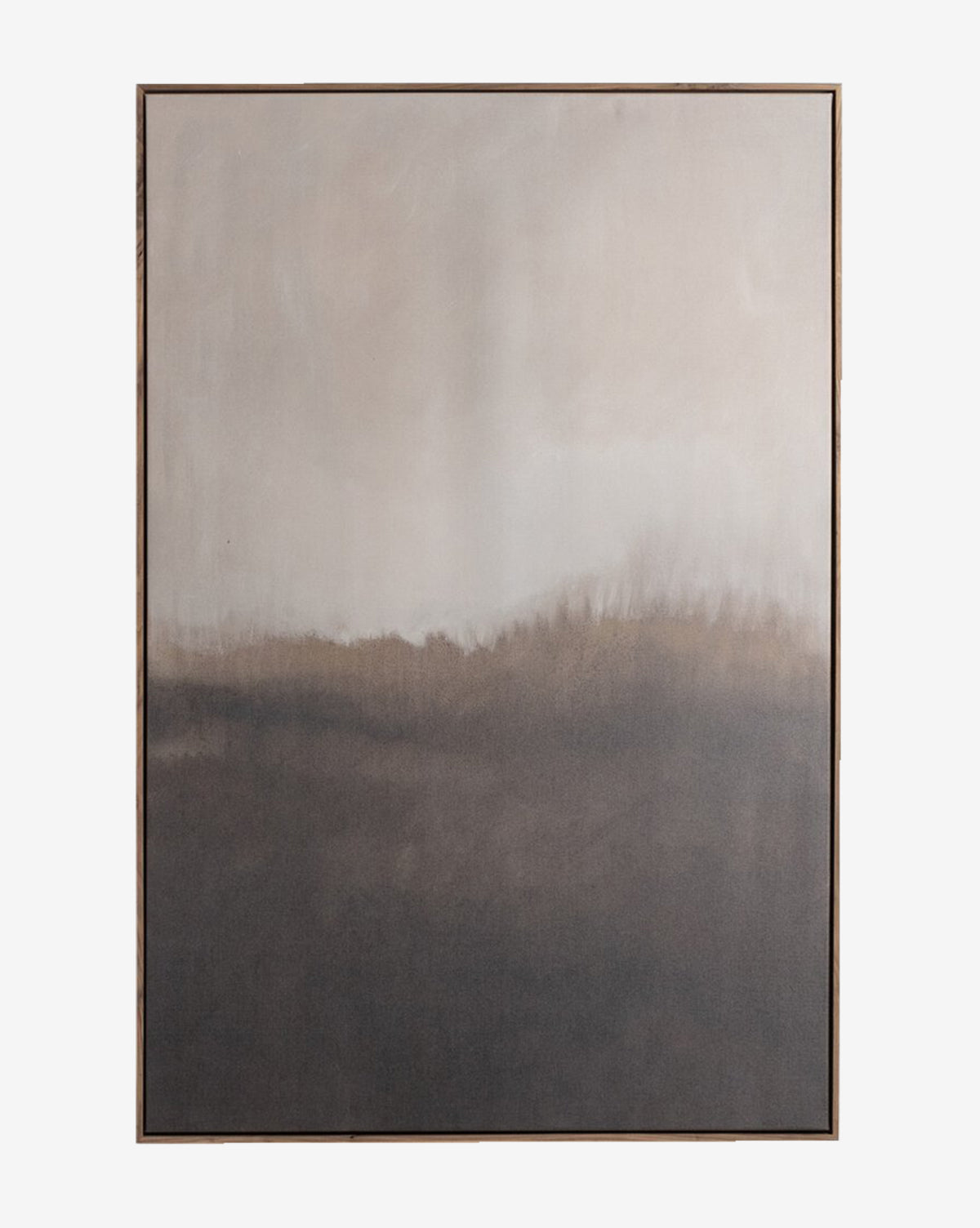 Transition by Jess Engle features an abstract blend of neutral tones, fading from light beige to dark brown for a misty, atmospheric effect, framed simply in rustic walnut on matte canvas.