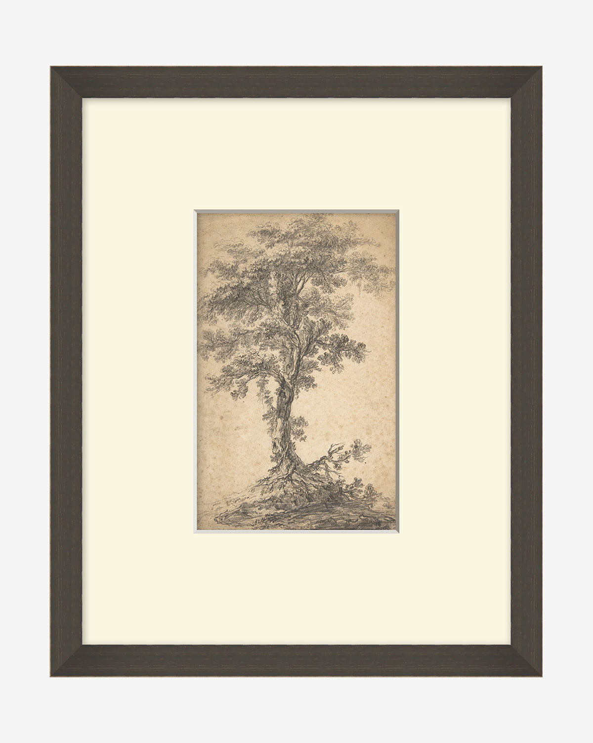 Tree on a Hilltop is a framed black-and-white sketch of a large tree with intricate branches and roots, centered on a cream mat in a black wood frame—ideal vintage wall art for any space.