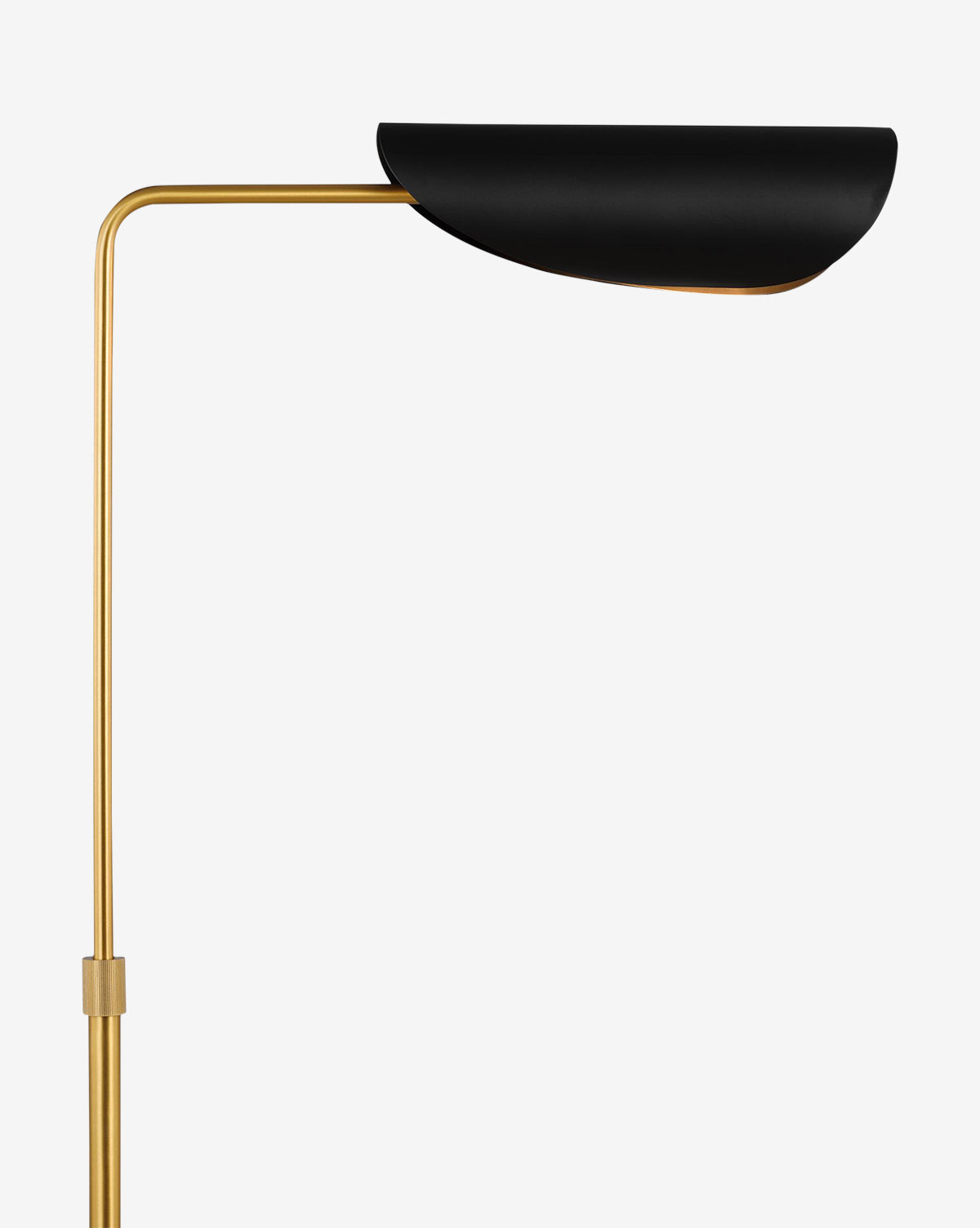 The Tresa Floor Lamp features a slim burnished brass stand and a curved black half-cylinder shade, set against a plain white background—ideal for adding modern elegance to any living space, by McGee & Co.