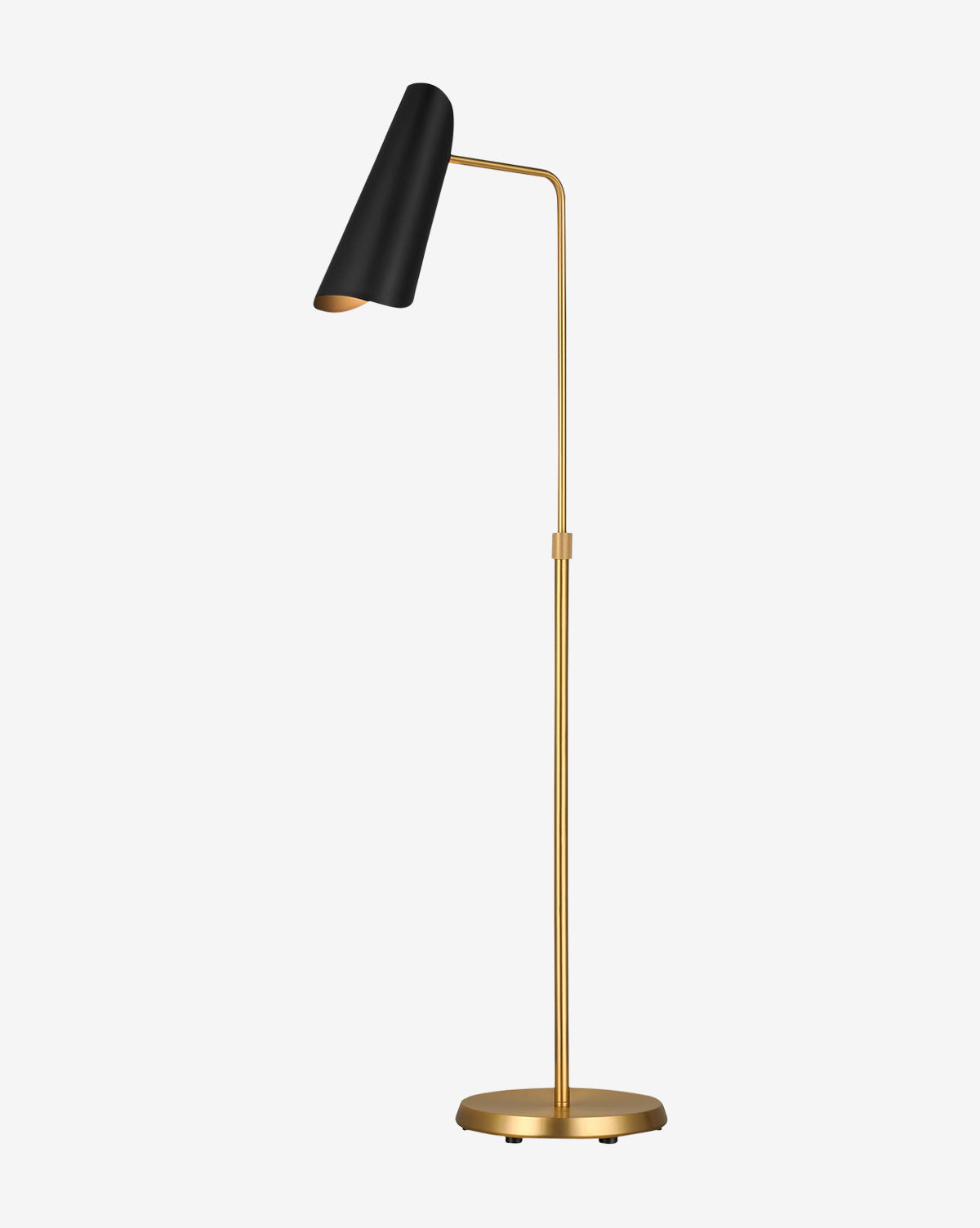 The Tresa Floor Lamp by Visual Comfort Studio - Generation Lighting features a burnished brass finish, round base, angled black shade, and adjustable modern design—making it stand out against a plain white background. McGee & Co.