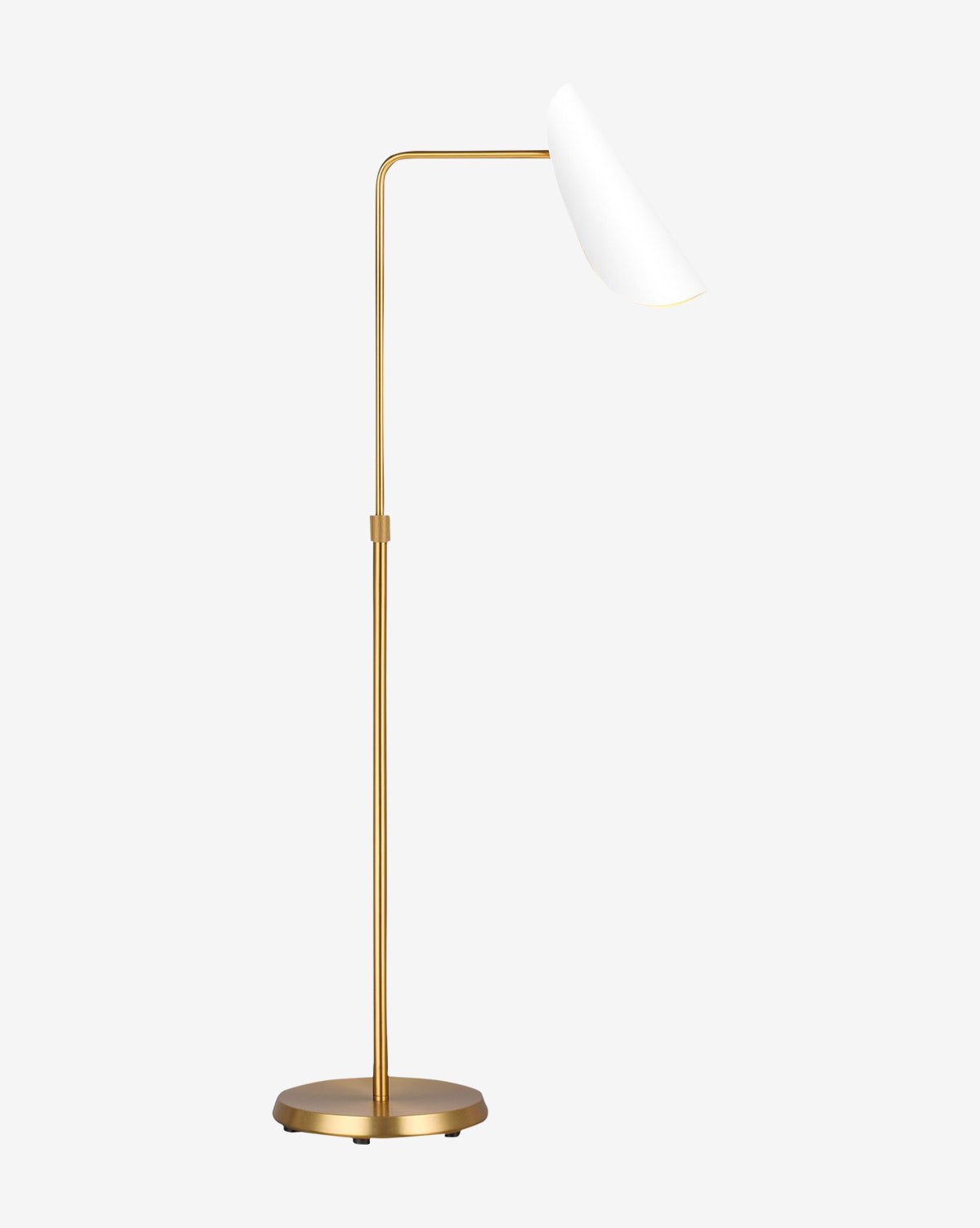 The Tresa Floor Lamp features a burnished brass finish and an angled white cone shade, offering modern adjustable lighting to elevate any living space, shown here against a plain light gray background, by McGee & Co.