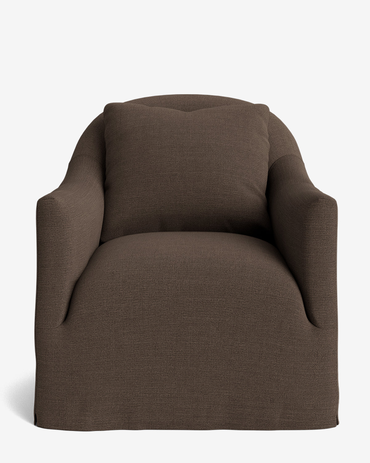 The Trudeaux Slipcover Swivel Chair (Ready to Ship) is a plush, dark brown Crypton-upholstered armchair with a wide seat, cushioned backrest, smooth rounded arms, and a skirted base, shown against a plain white background by McGee & Co.