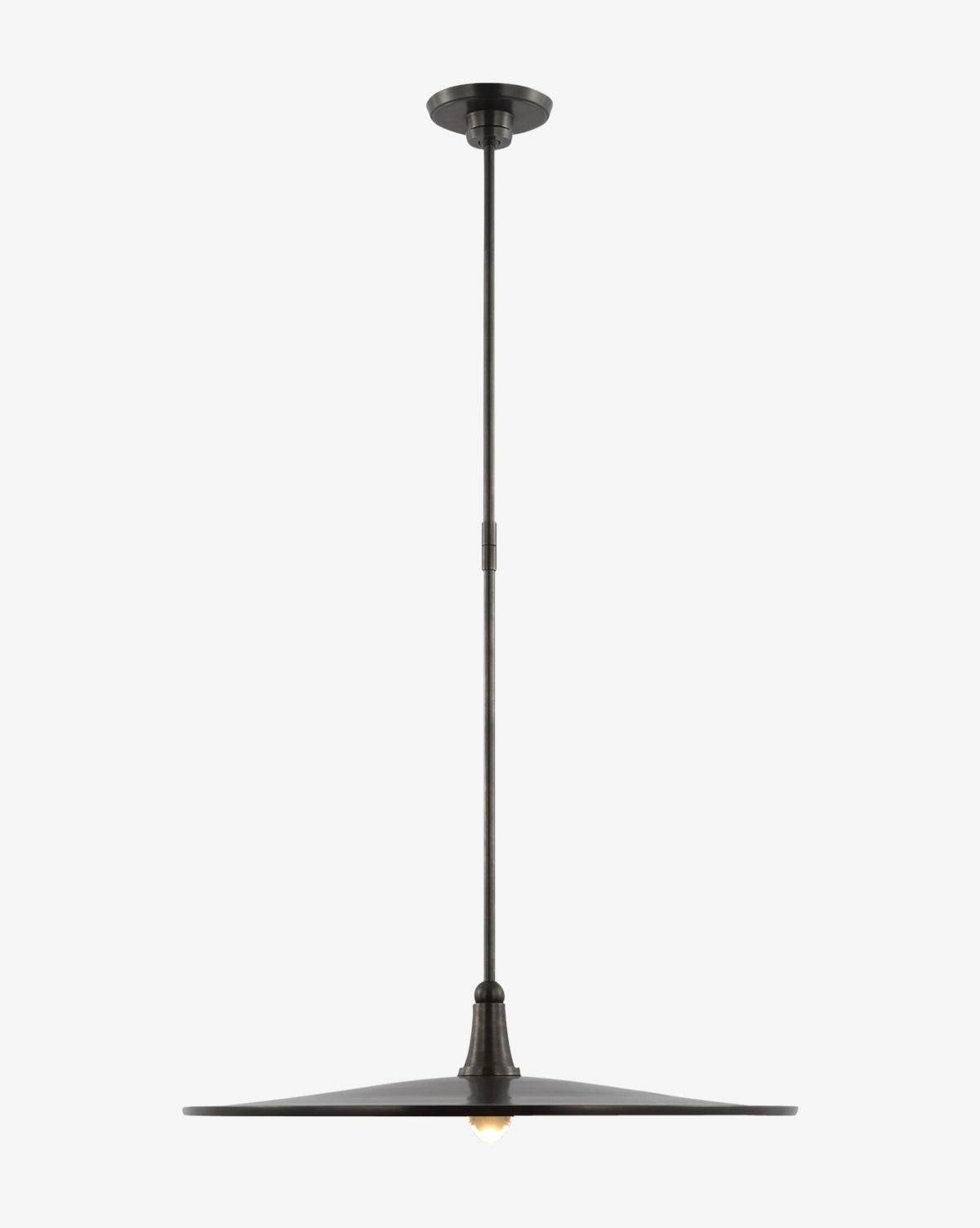 The Truesdell 24 Pendant features a wide, flat metal shade and slim rod, with an exposed bulb beneath for bold modern statement lighting, by McGee & Co.