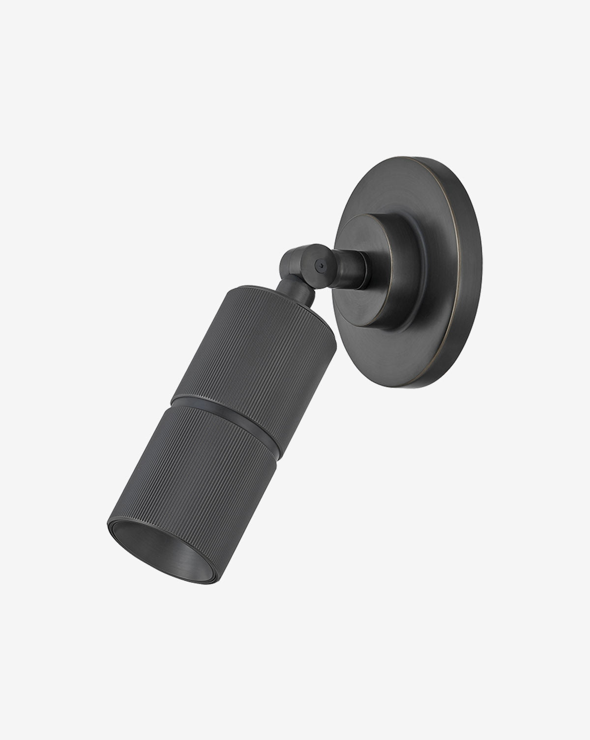 The Truett Sconce by Hudson Valley Lighting is a modern black wall fixture with a ribbed texture, adjustable aged brass head, and round base, shown against a white background, McGee & Co.